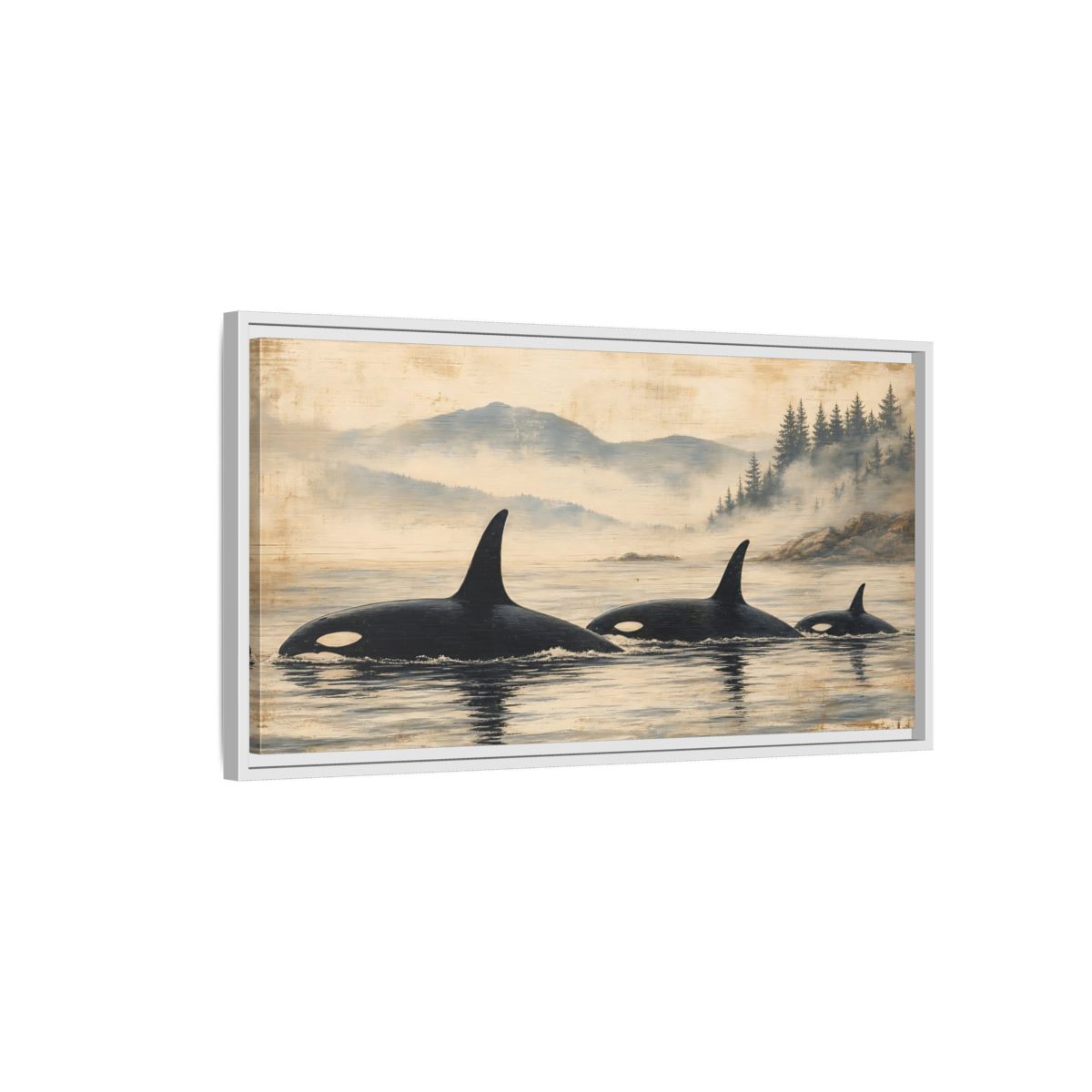Side Mockup 1. Nature Orca Whales Rustic Orcas Ocean shown as stretched canvas wall art
