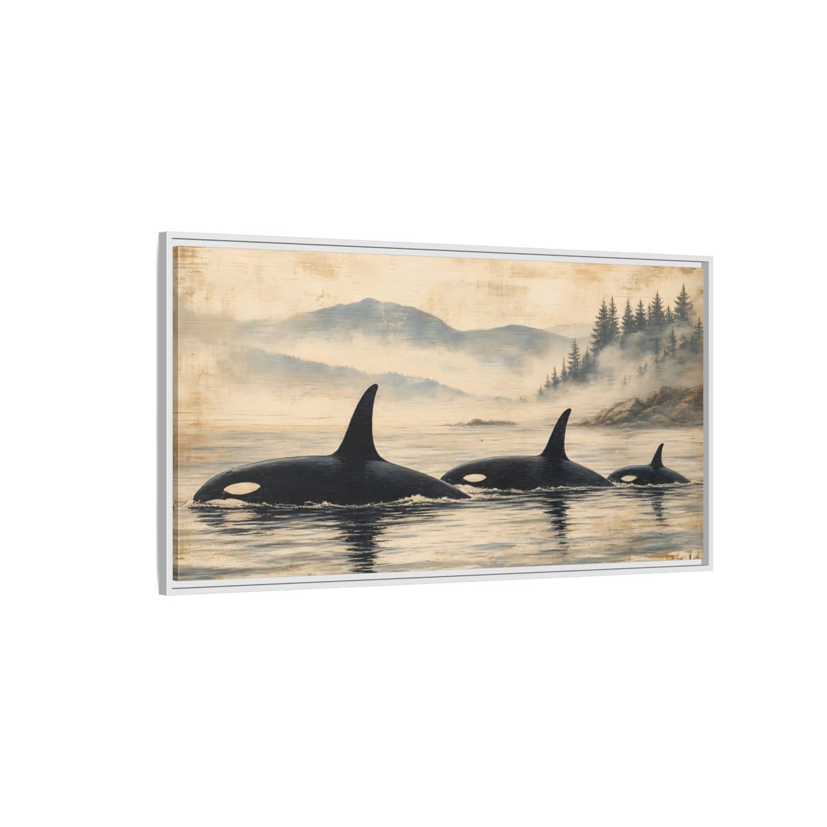 Side Mockup 3. Nature Orca Whales Rustic Orcas Ocean shown as stretched canvas wall art