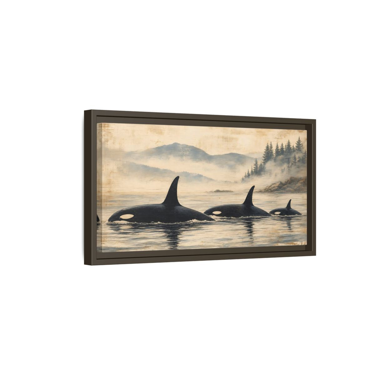 Side Mockup 7. Nature Orca Whales Rustic Orcas Ocean shown as stretched canvas wall art