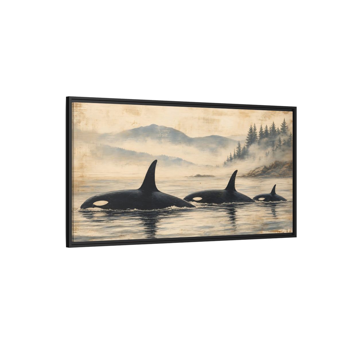 Side Mockup 5. Nature Orca Whales Rustic Orcas Ocean shown as stretched canvas wall art