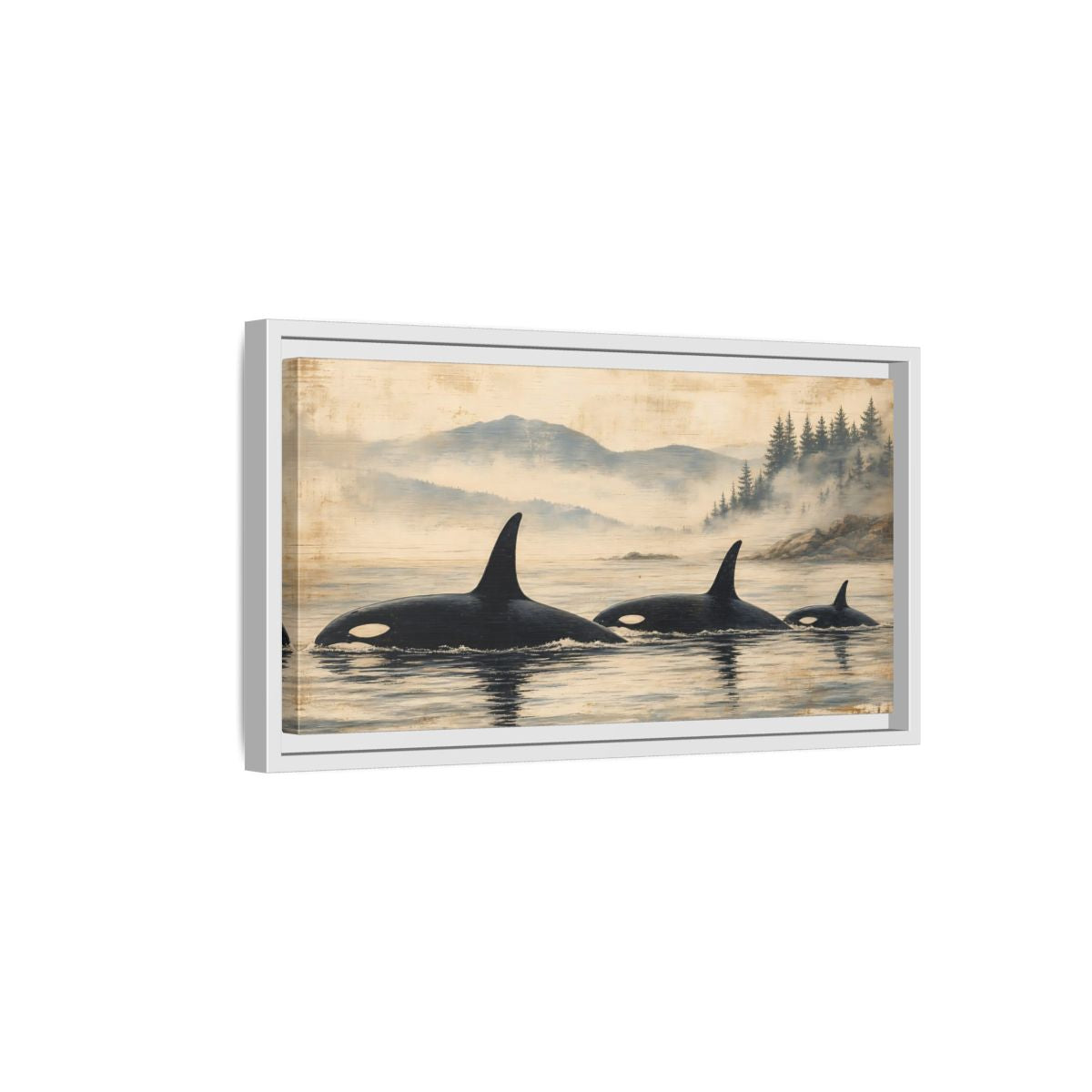 Side Mockup 6. Nature Orca Whales Rustic Orcas Ocean shown as stretched canvas wall art