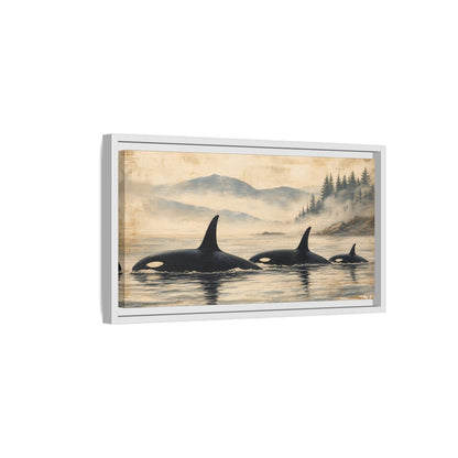 Side Mockup 6. Nature Orca Whales Rustic Orcas Ocean shown as stretched canvas wall art