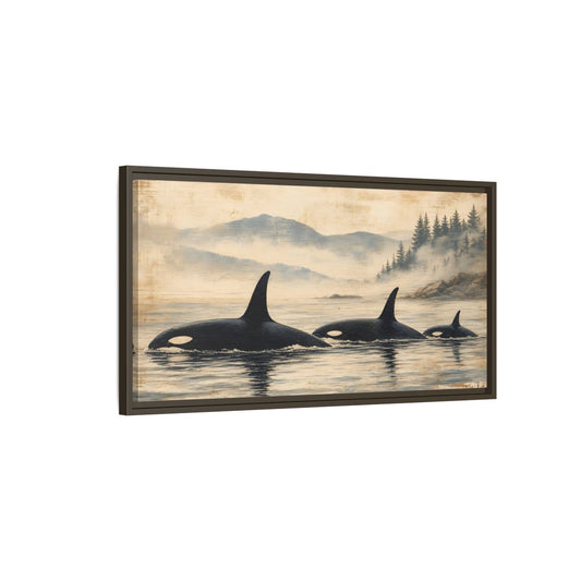 Main Mockup. Nature Orca Whales Rustic Orcas Ocean shown as stretched canvas wall art