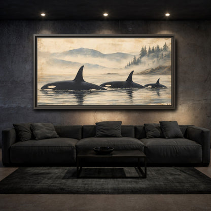 Mockup 2. Nature Orca Whales Rustic Orcas Ocean shown as stretched canvas wall art