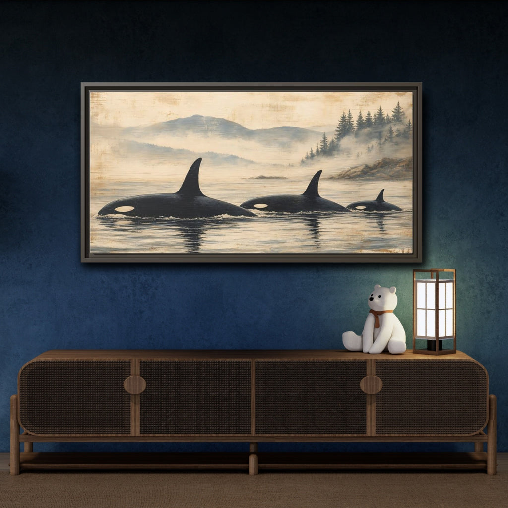 Mockup 4. Nature Orca Whales Rustic Orcas Ocean shown as stretched canvas wall art