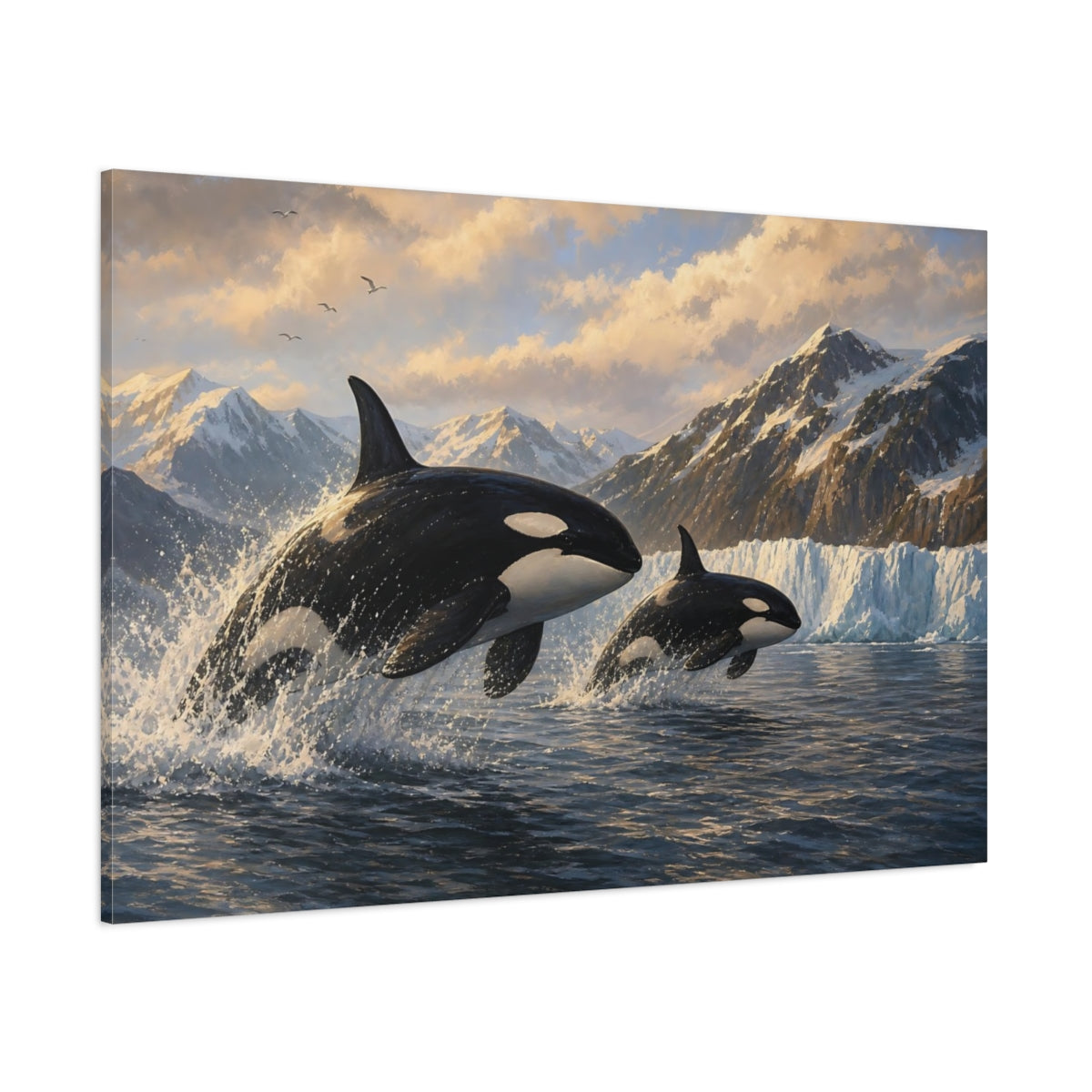 Side Mockup 1. Nature Orcas Orcas Ocean Mountains shown as stretched canvas wall art