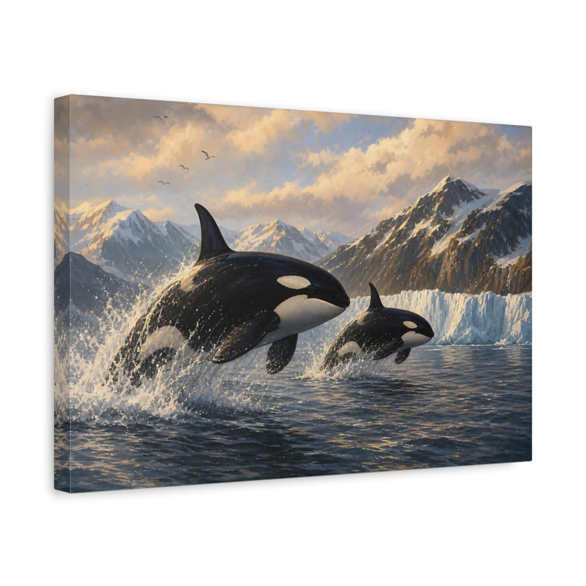 Side Mockup 4. Nature Orcas Orcas Ocean Mountains shown as stretched canvas wall art