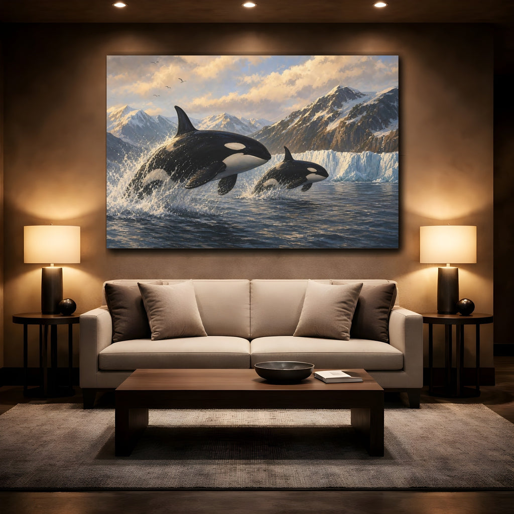 Mockup 2. Nature Orcas Orcas Ocean Mountains shown as stretched canvas wall art