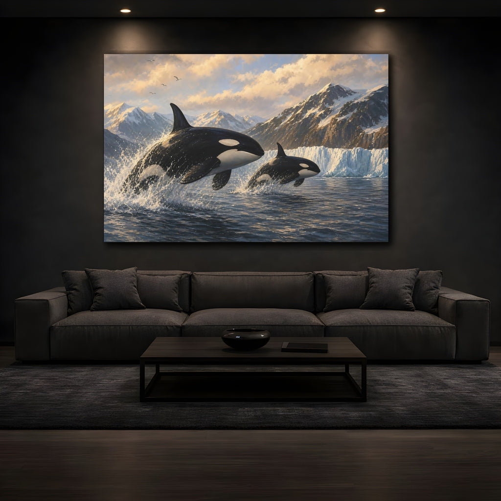 Mockup 3. Nature Orcas Orcas Ocean Mountains shown as stretched canvas wall art