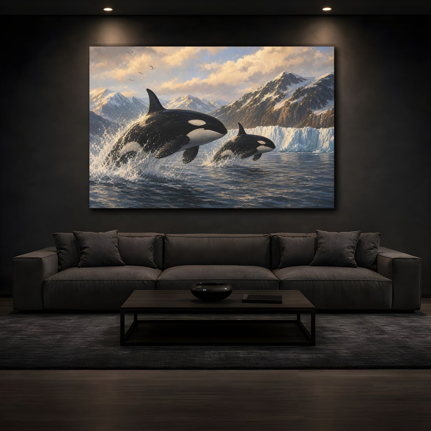 Mockup 3. Nature Orcas Orcas Ocean Mountains shown as stretched canvas wall art