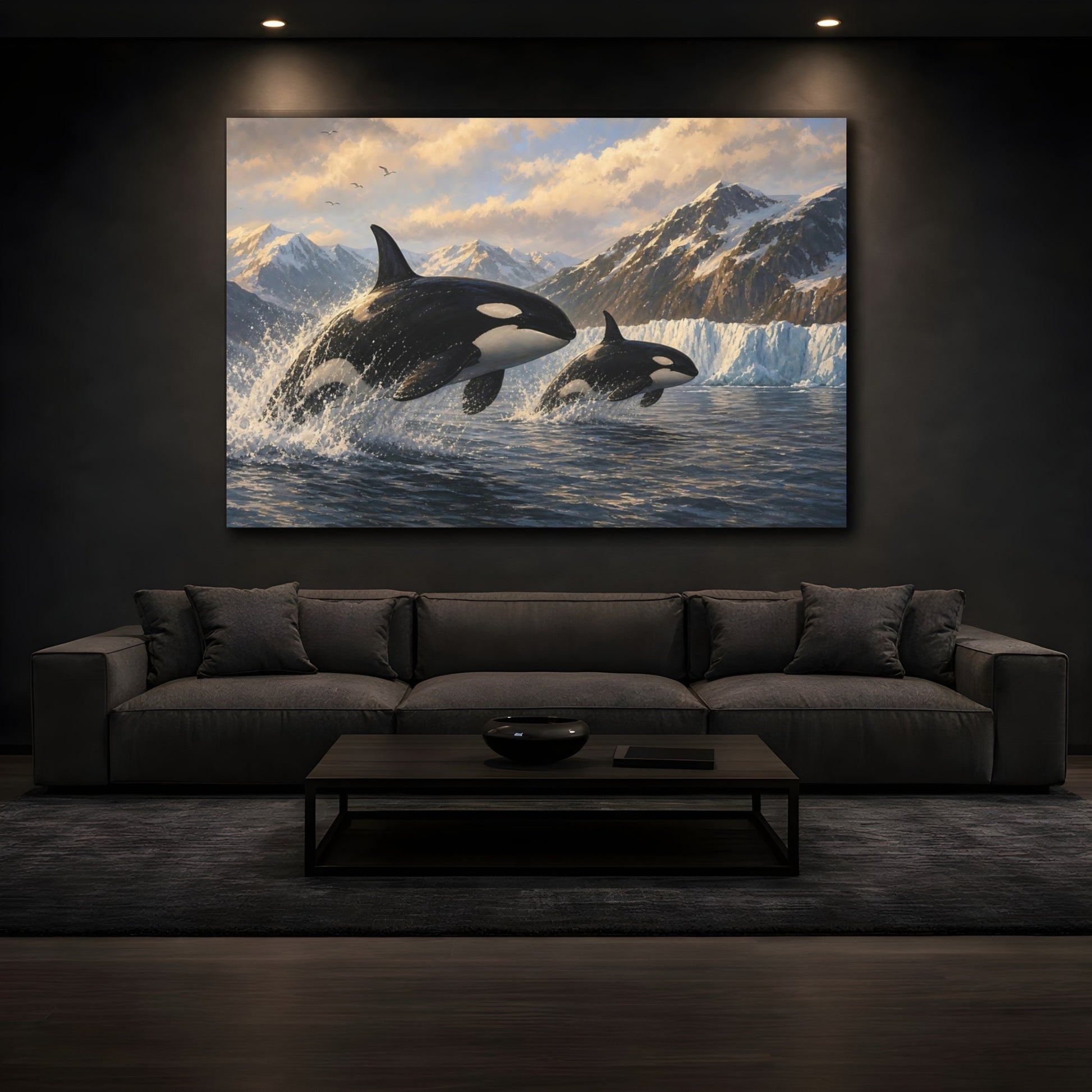 Mockup 3. Nature Orcas Orcas Ocean Mountains shown as stretched canvas wall art