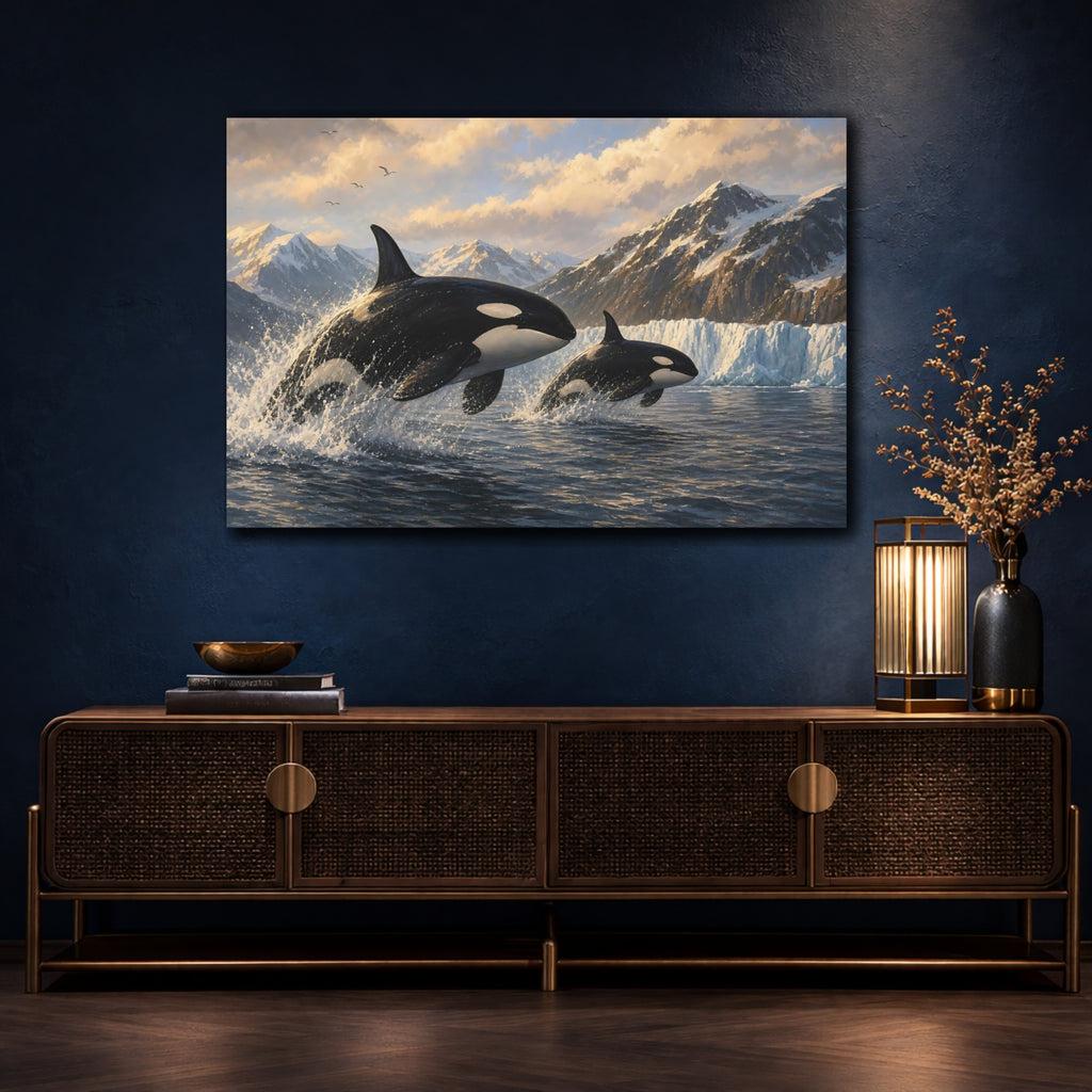 Mockup 4. Nature Orcas Orcas Ocean Mountains shown as stretched canvas wall art