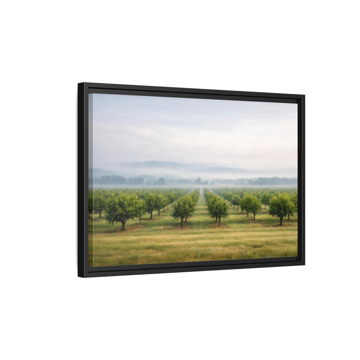 Side Mockup 3. Nature Orchard Misty Green Orchard shown as stretched canvas wall art