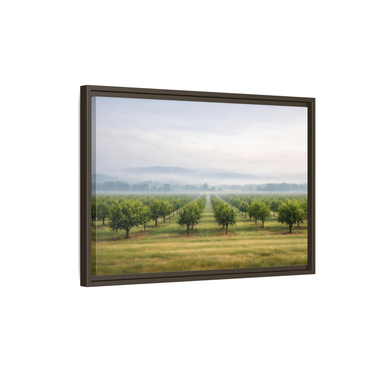 Side Mockup 2. Nature Orchard Misty Green Orchard shown as stretched canvas wall art