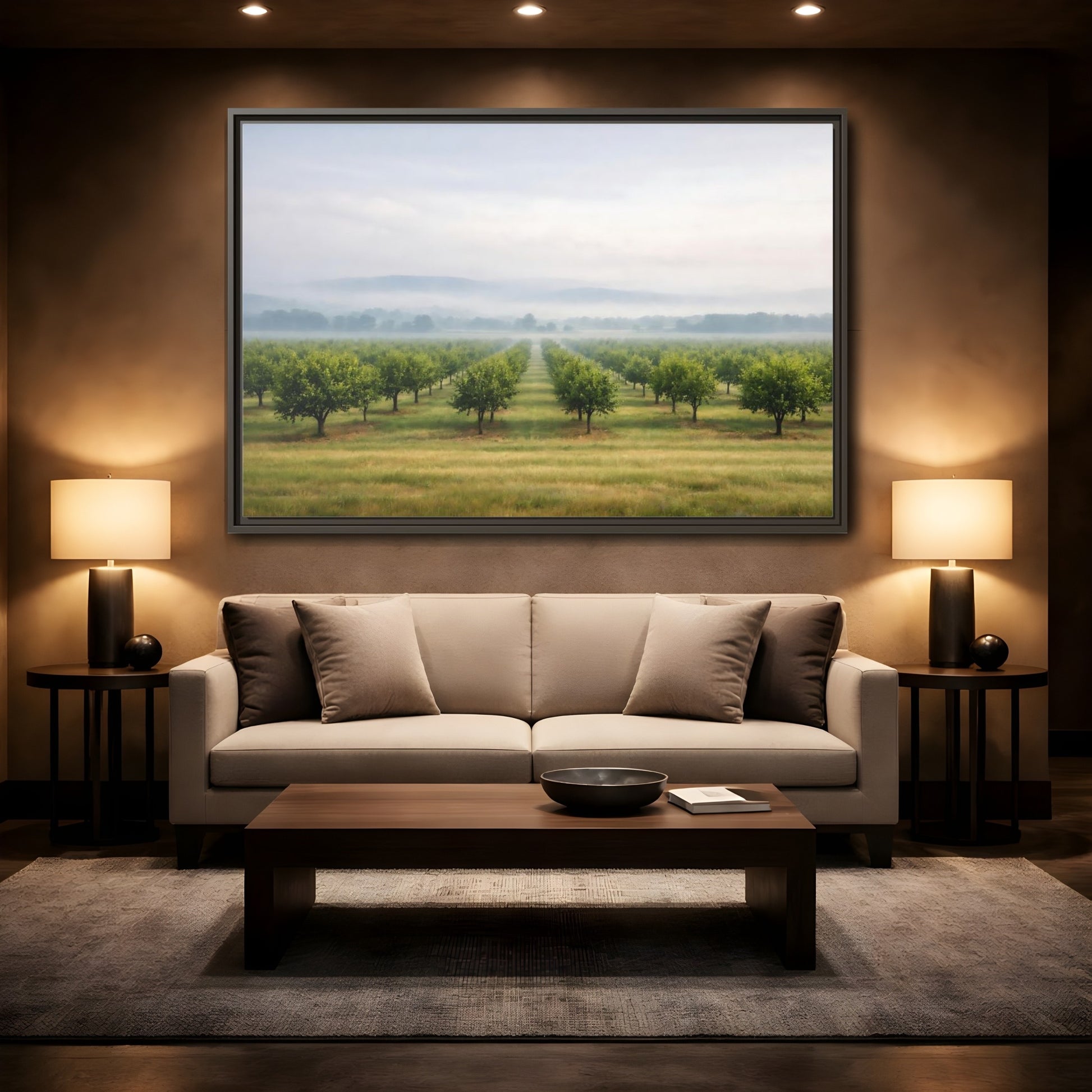 Mockup 2. Nature Orchard Misty Green Orchard shown as stretched canvas wall art