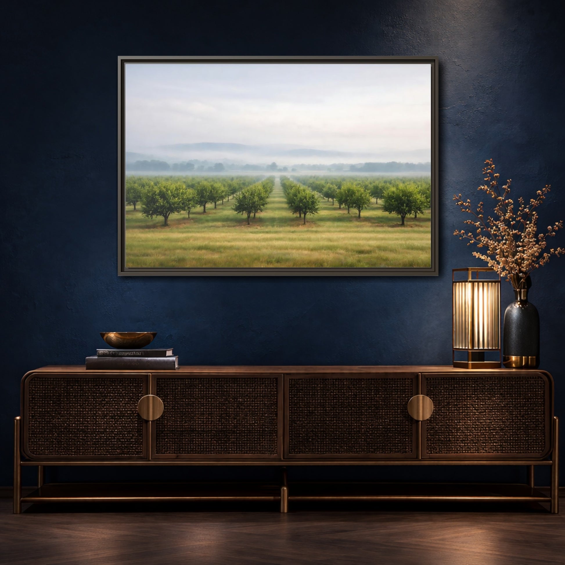 Mockup 4. Nature Orchard Misty Green Orchard shown as stretched canvas wall art