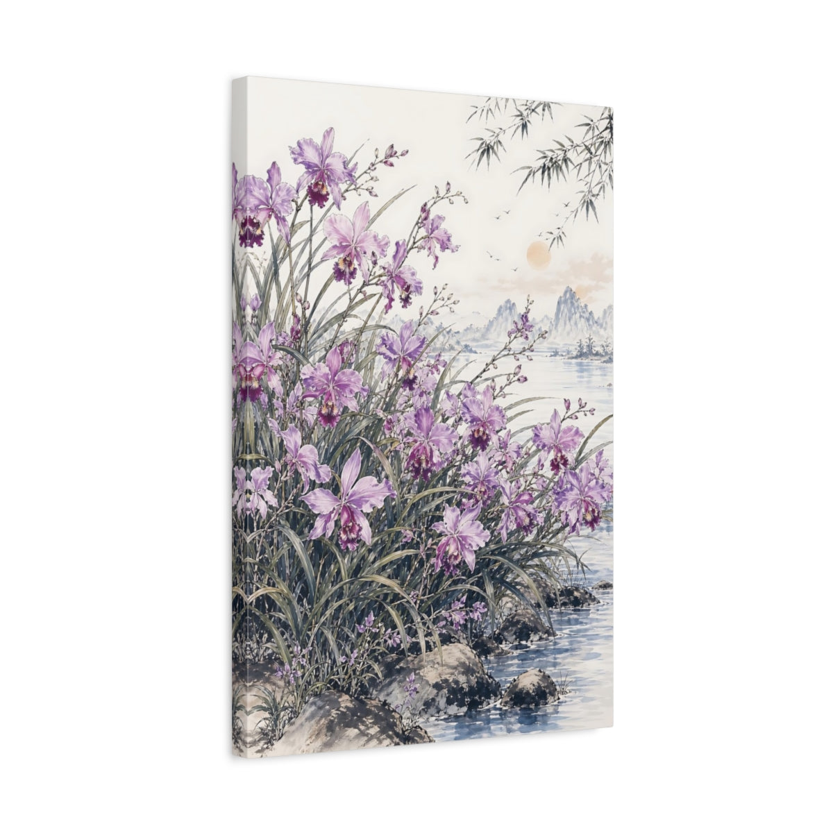 Side Mockup 3. Nature Orchids Purple Orchids shown as stretched canvas wall art