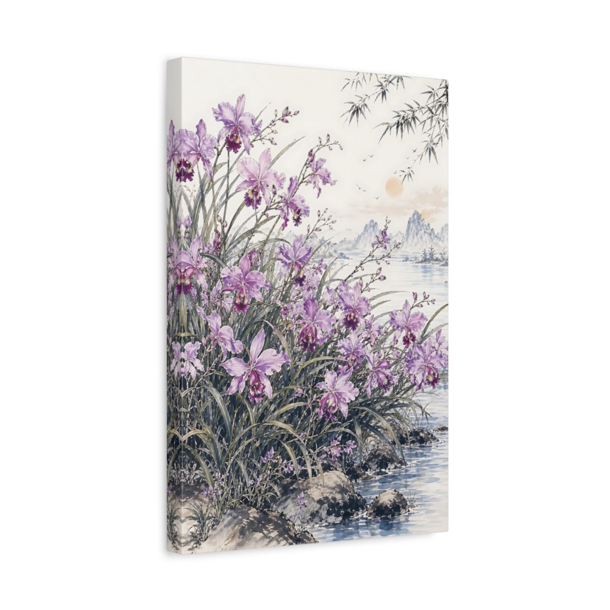 Side Mockup 4. Nature Orchids Purple Orchids shown as stretched canvas wall art