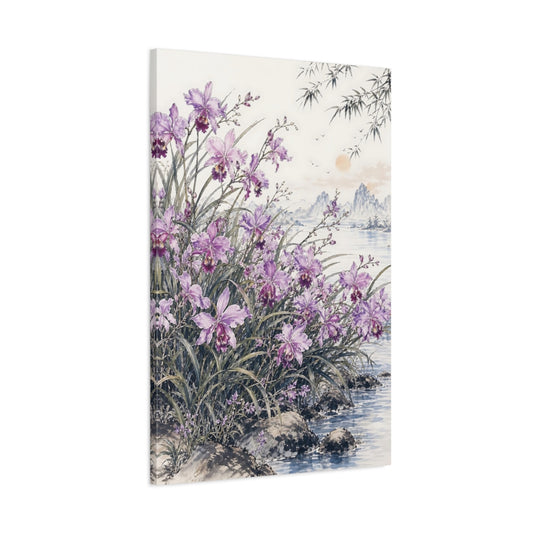 Main Mockup. Nature Orchids Purple Orchids shown as stretched canvas wall art