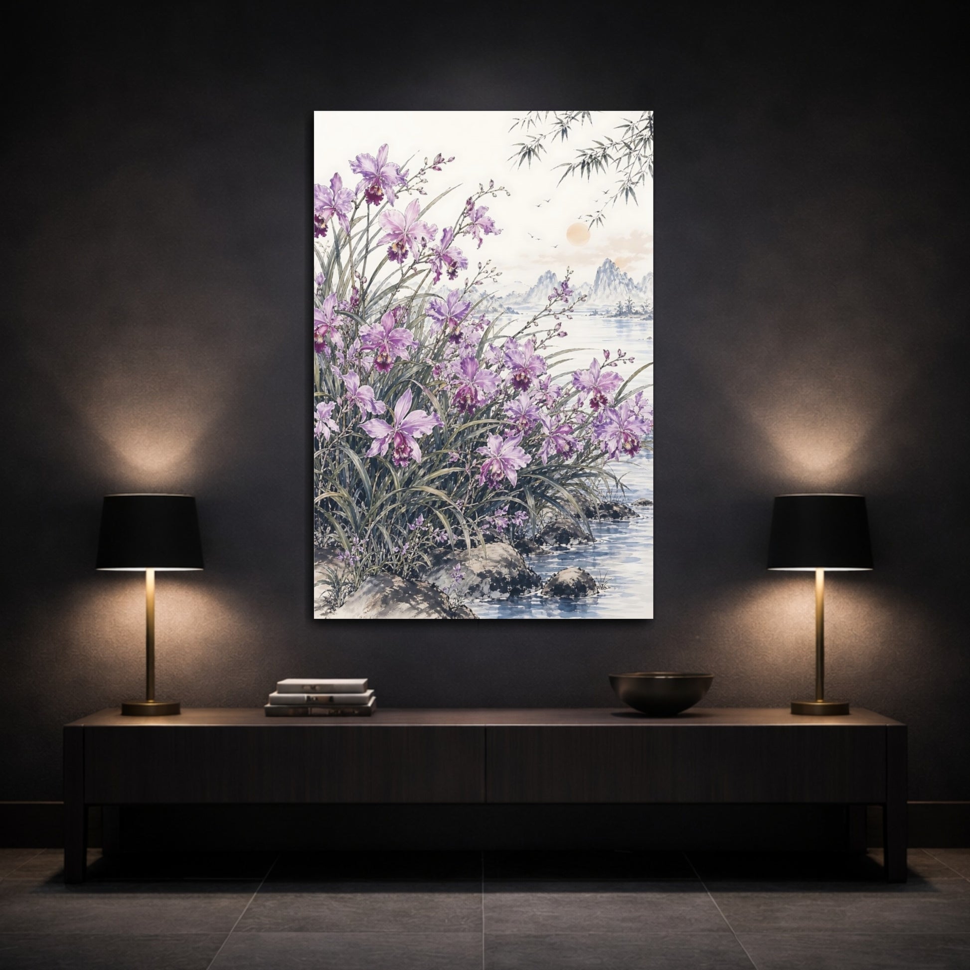 Mockup 3. Nature Orchids Purple Orchids shown as stretched canvas wall art
