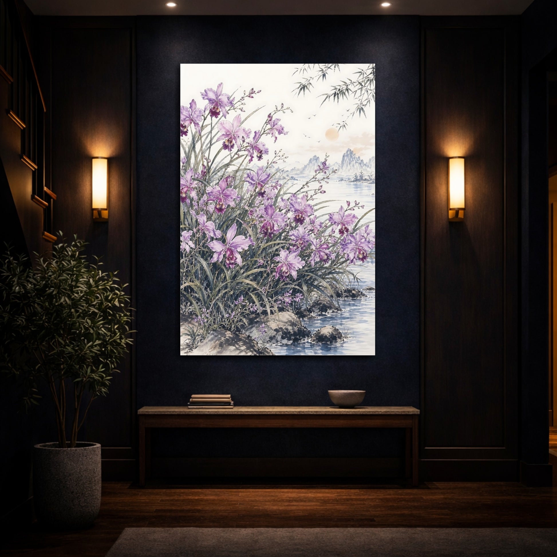 Mockup 4. Nature Orchids Purple Orchids shown as stretched canvas wall art