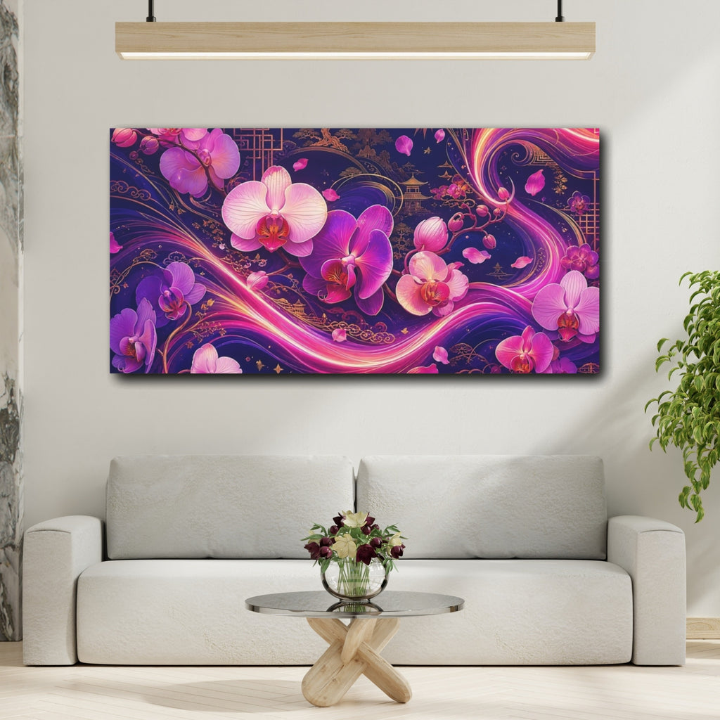 Mockup 2. Nature Orchids Vibrant Orchid Art shown as stretched canvas wall art