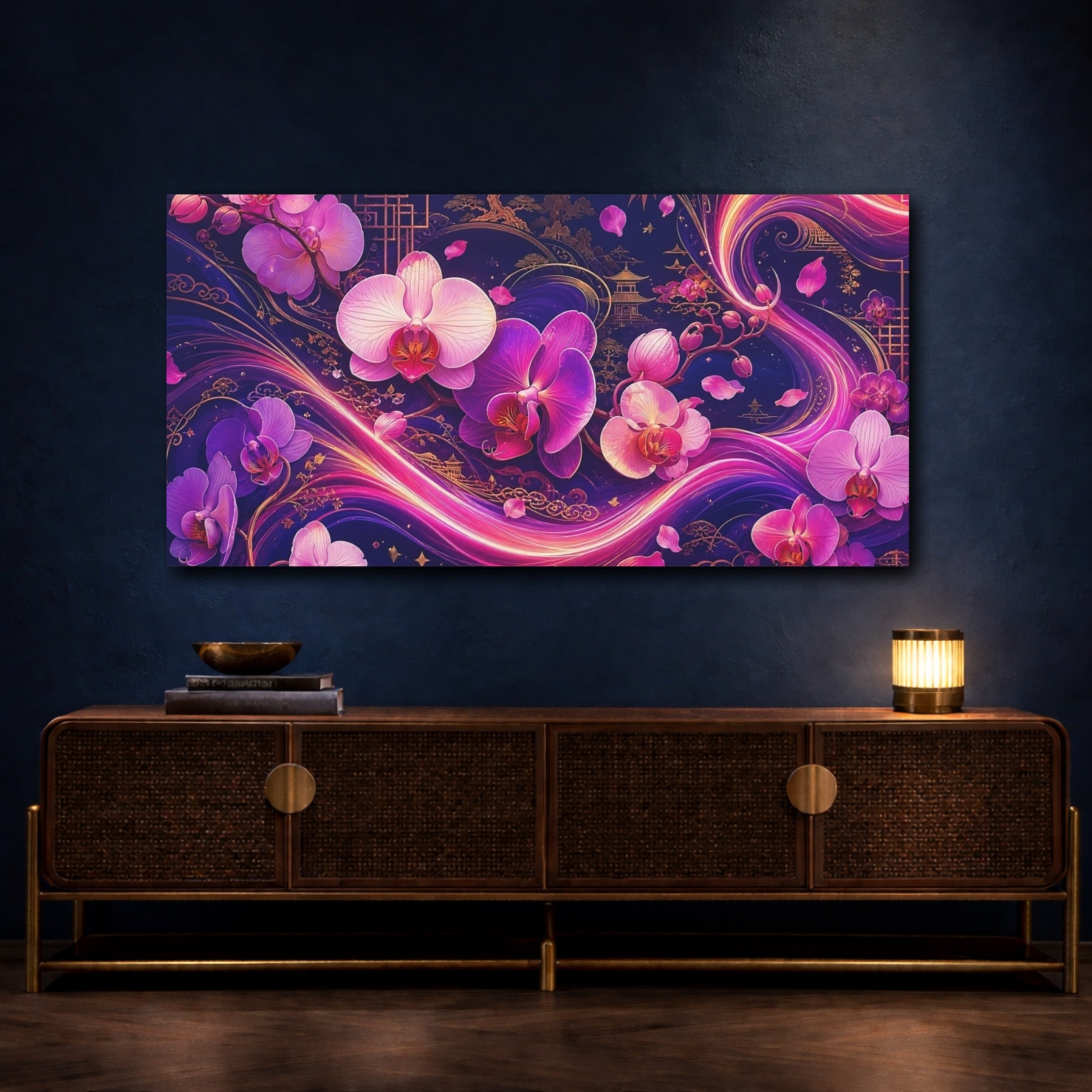 Mockup 4. Nature Orchids Vibrant Orchid Art shown as stretched canvas wall art