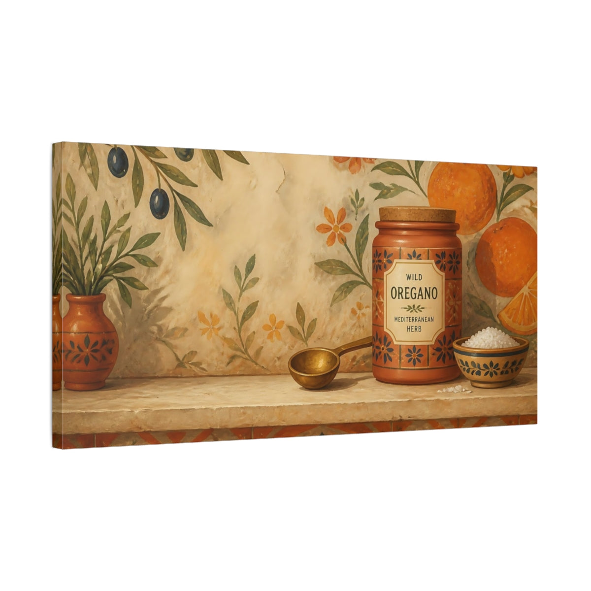 Side Mockup 1. Nature Oregano Jar Mediterranean Still Life shown as canvas print