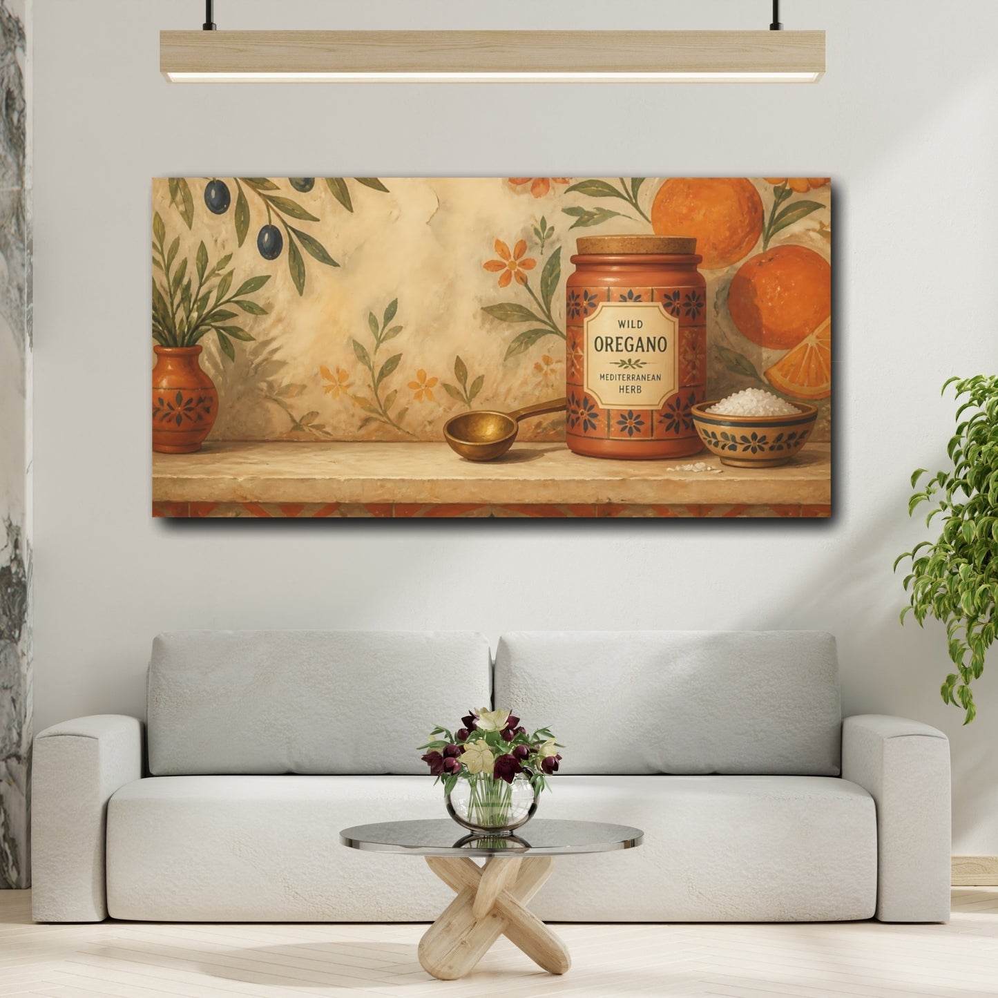 Mockup 2. Nature Oregano Jar Mediterranean Still Life shown as canvas print