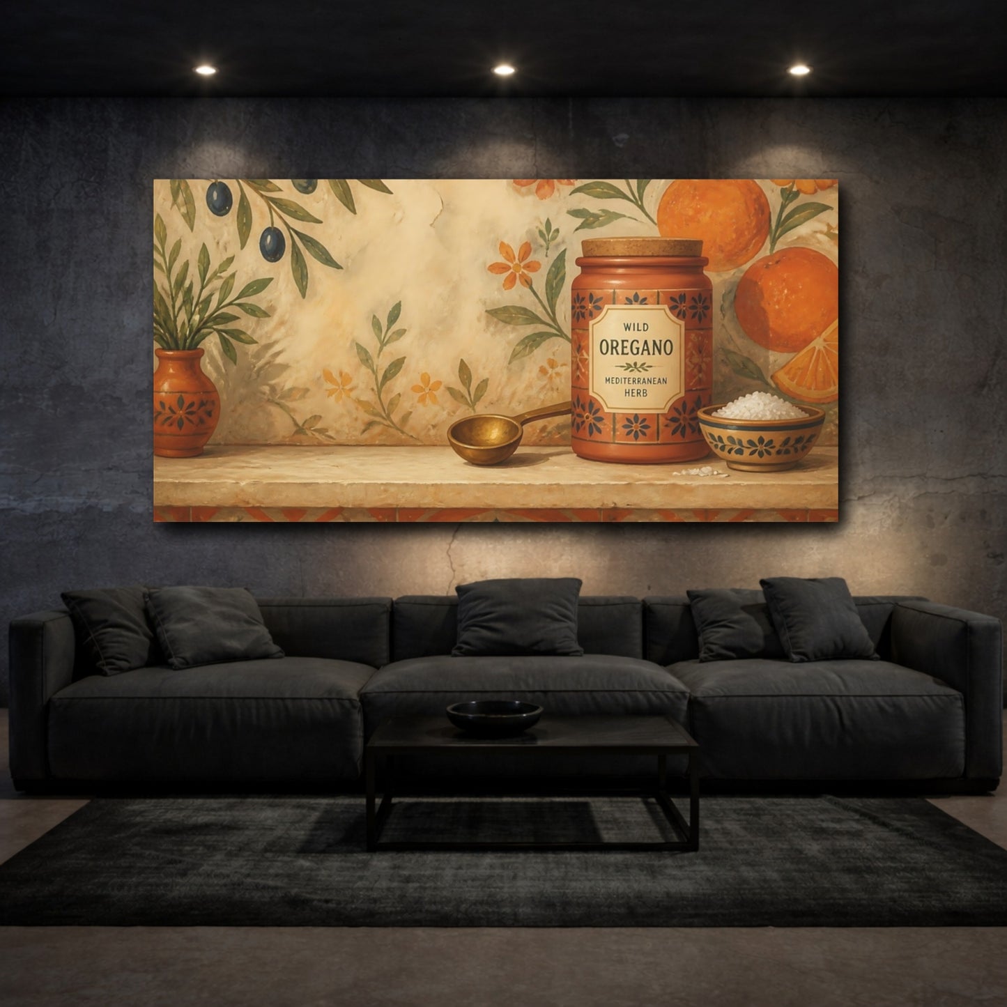 Mockup 3. Nature Oregano Jar Mediterranean Still Life shown as canvas print