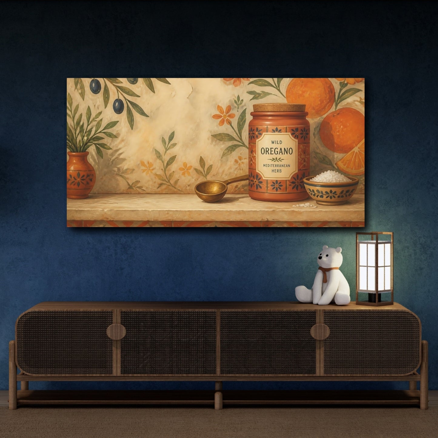 Mockup 4. Nature Oregano Jar Mediterranean Still Life shown as canvas print