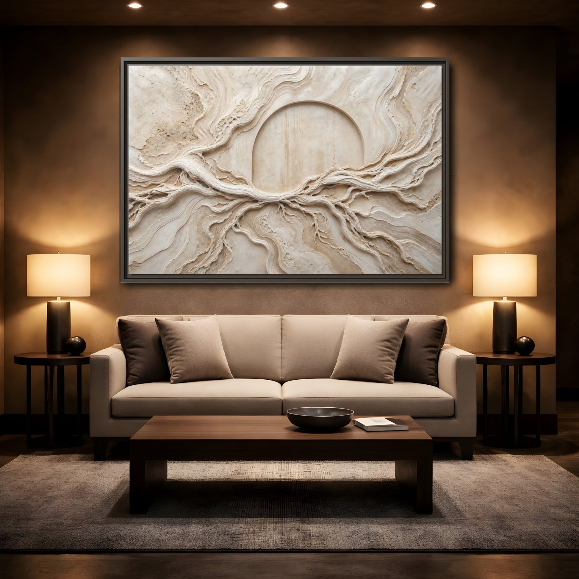 Mockup 2. Nature Organic Textures Beige Organic Textures shown as stretched canvas wall art