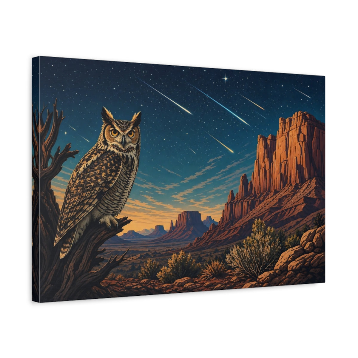 Side Mockup 3. Nature Owl Desert Night Owl shown as stretched canvas wall art