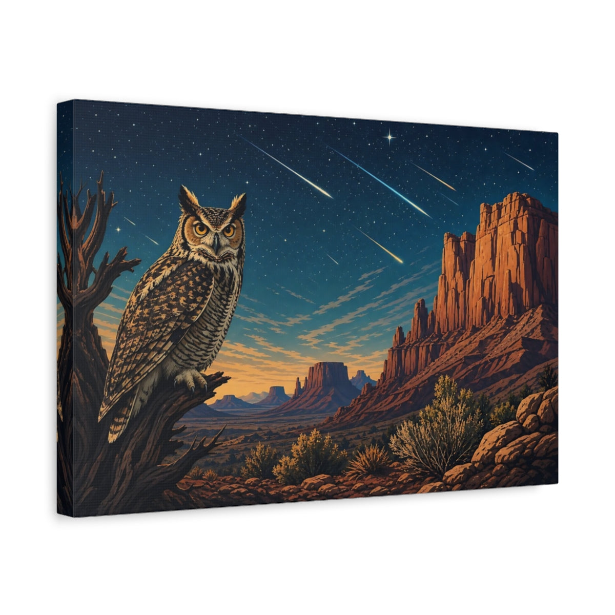 Side Mockup 4. Nature Owl Desert Night Owl shown as stretched canvas wall art