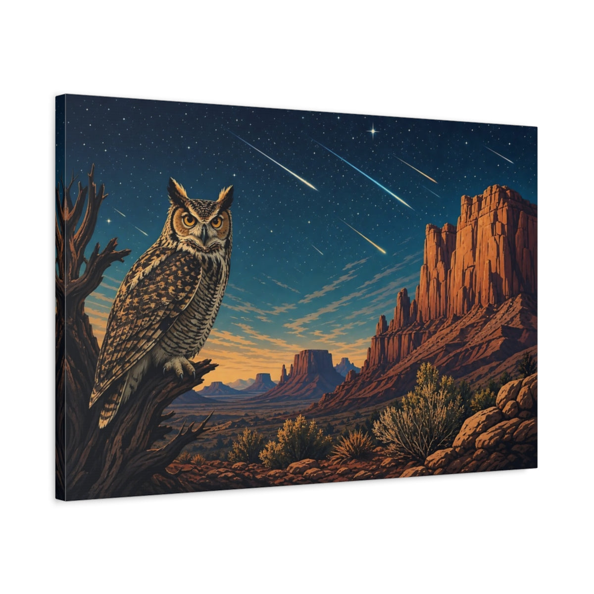 Side Mockup 2. Nature Owl Desert Night Owl shown as stretched canvas wall art