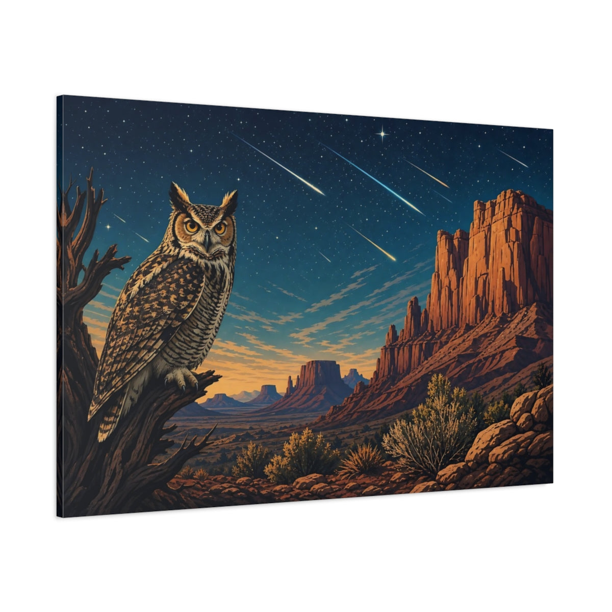 Side Mockup 1. Nature Owl Desert Night Owl shown as stretched canvas wall art