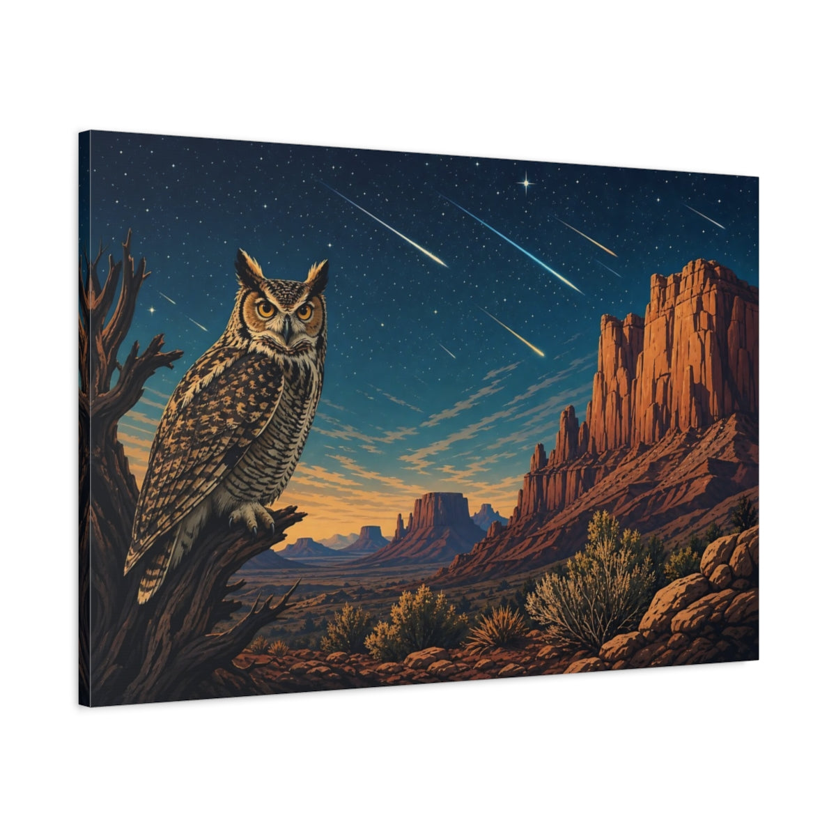 Main Mockup. Nature Owl Desert Night Owl shown as stretched canvas wall art