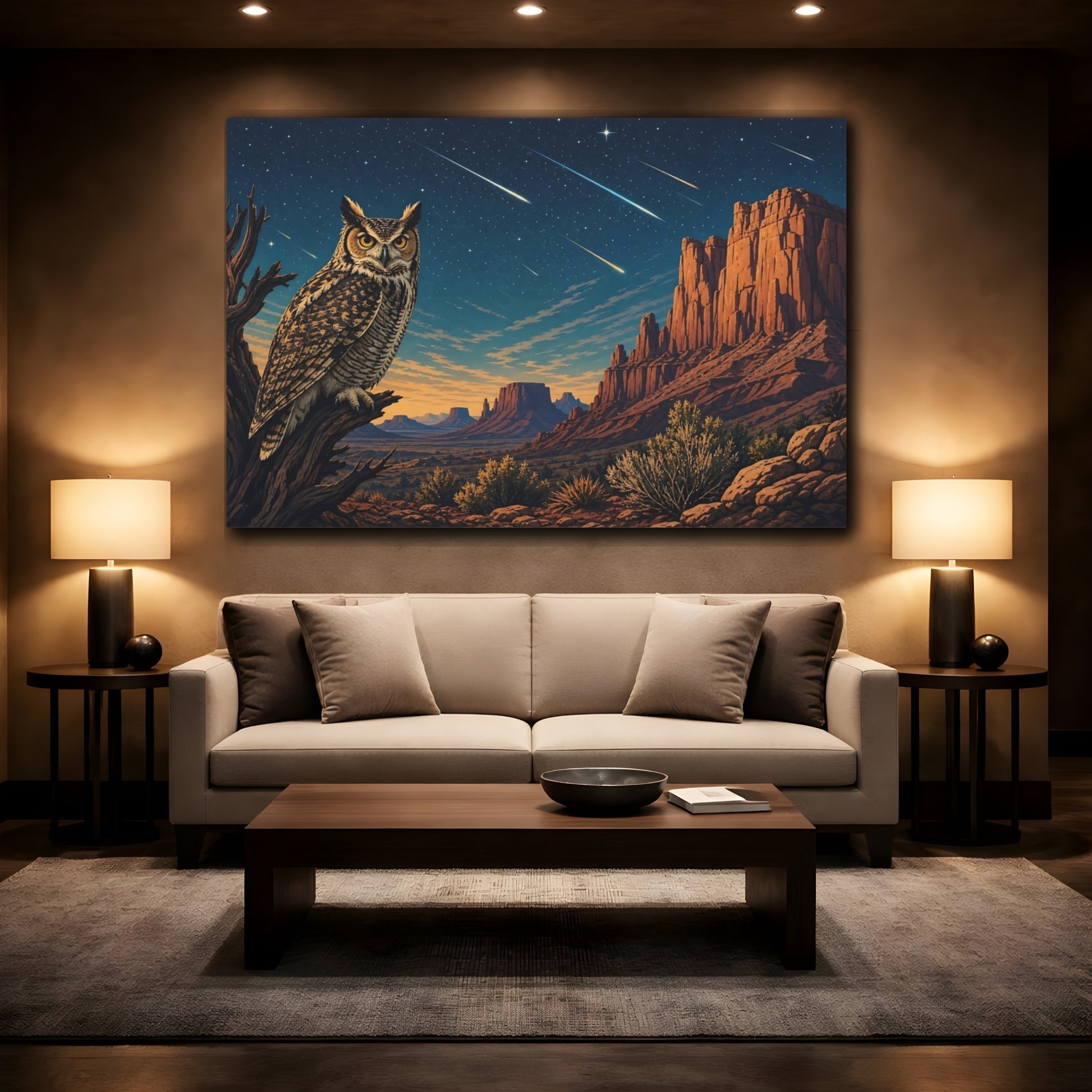 Mockup 2. Nature Owl Desert Night Owl shown as stretched canvas wall art