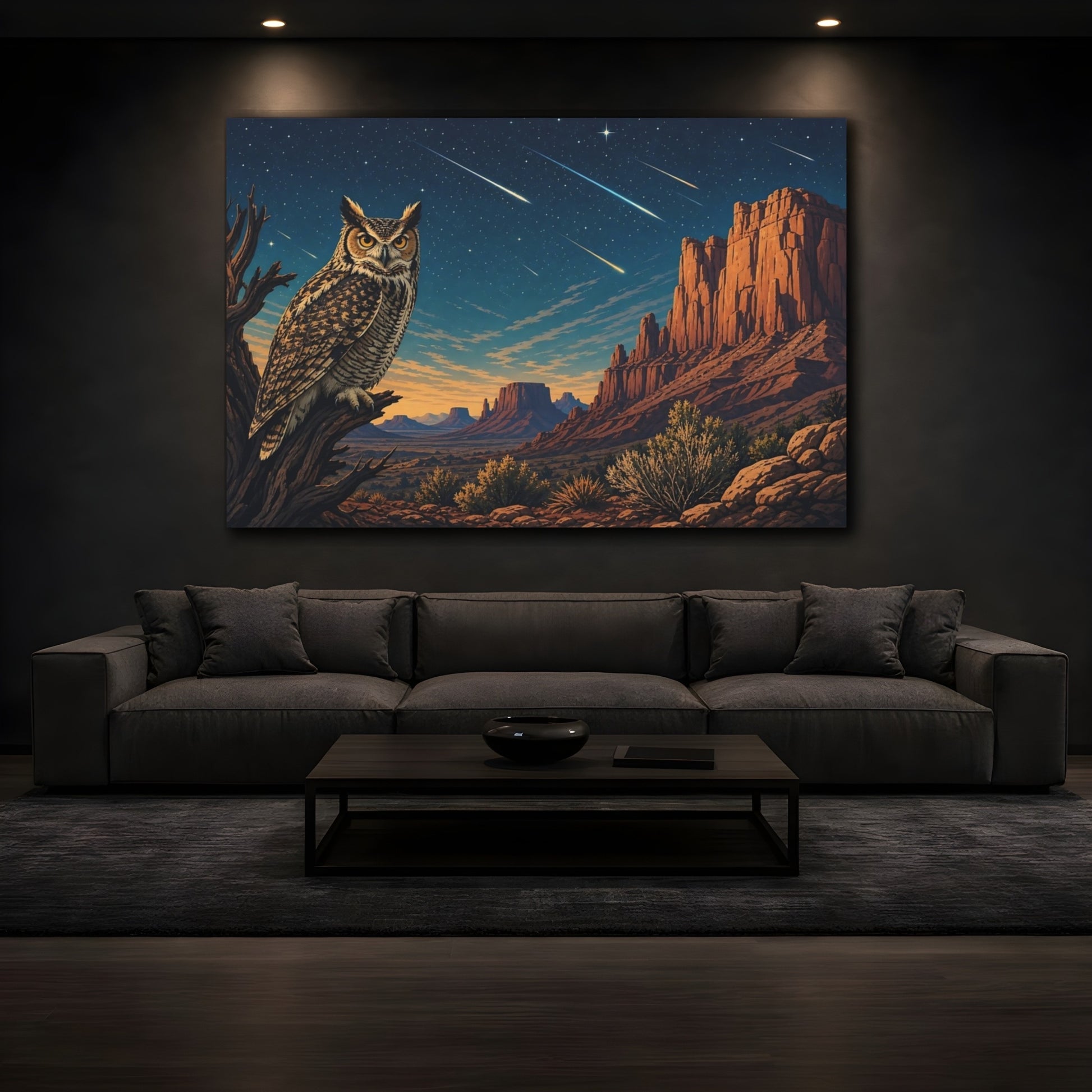 Mockup 3. Nature Owl Desert Night Owl shown as stretched canvas wall art