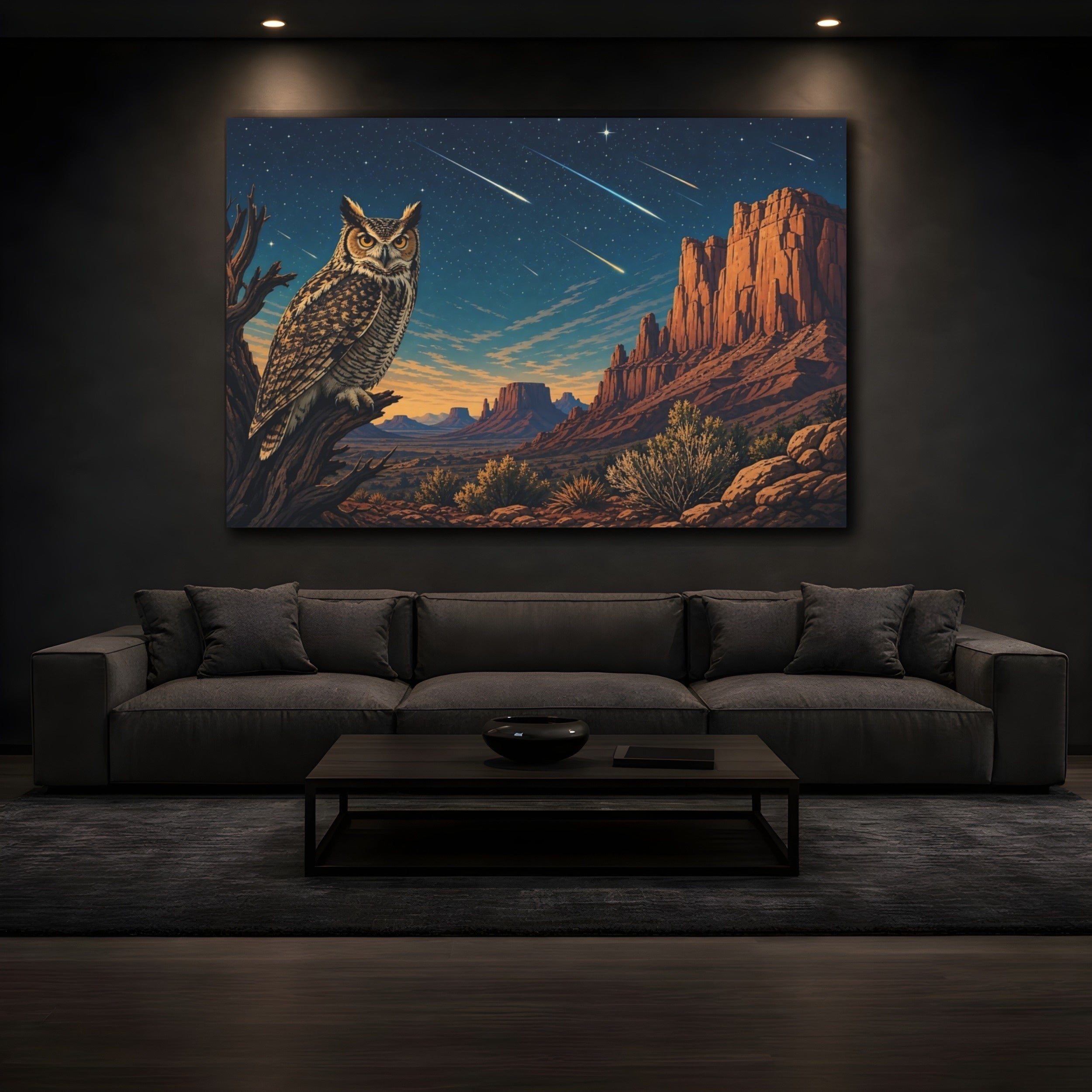 Mockup 3. Nature Owl Desert Night Owl shown as stretched canvas wall art