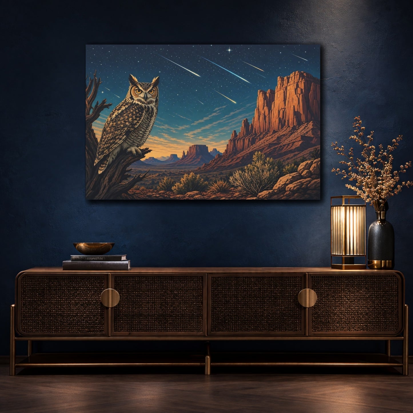 Mockup 4. Nature Owl Desert Night Owl shown as stretched canvas wall art