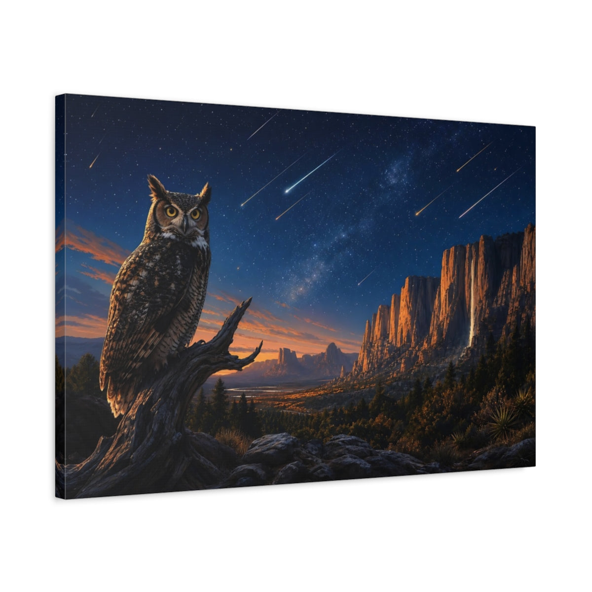Side Mockup 2. Nature Owl Night Sky Owl shown as stretched canvas wall art