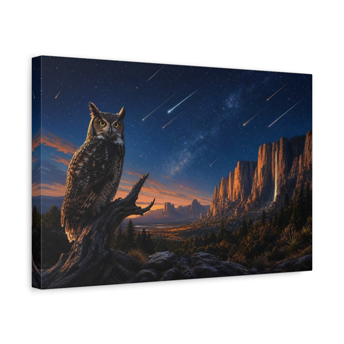 Side Mockup 4. Nature Owl Night Sky Owl shown as stretched canvas wall art