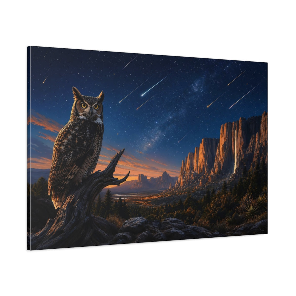 Side Mockup 1. Nature Owl Night Sky Owl shown as stretched canvas wall art