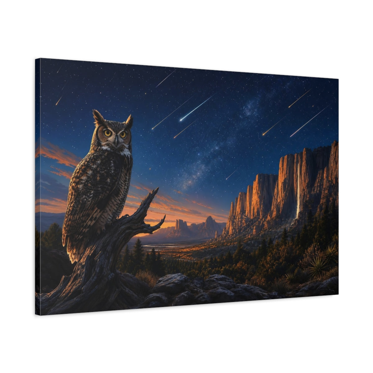Main Mockup. Nature Owl Night Sky Owl shown as stretched canvas wall art
