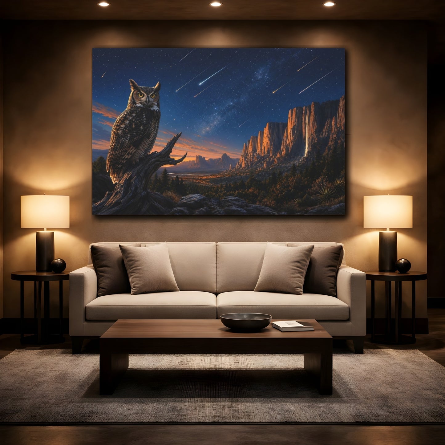 Mockup 2. Nature Owl Night Sky Owl shown as stretched canvas wall art
