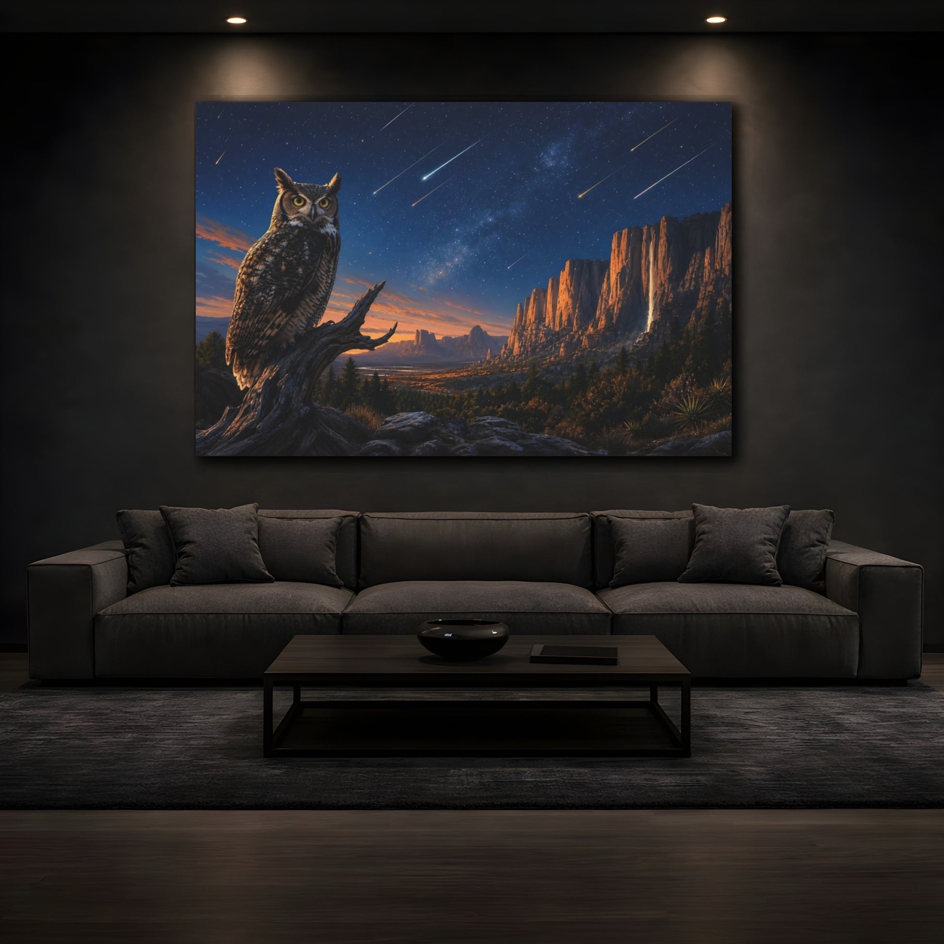 Mockup 3. Nature Owl Night Sky Owl shown as stretched canvas wall art