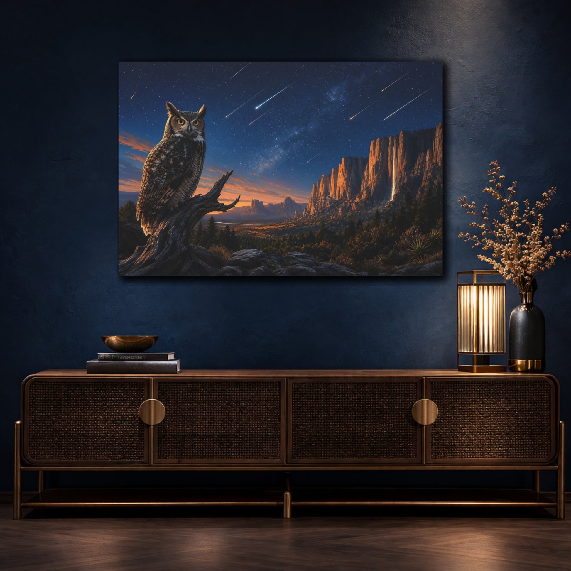 Mockup 4. Nature Owl Night Sky Owl shown as stretched canvas wall art