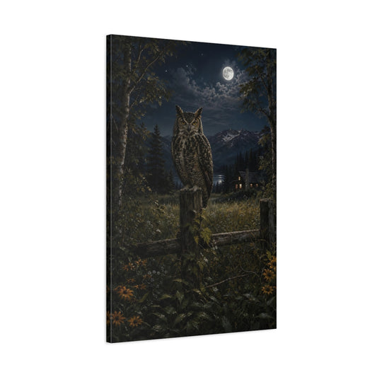 Main Mockup. Nature Owl Nocturnal Owl Scene shown as stretched canvas wall art