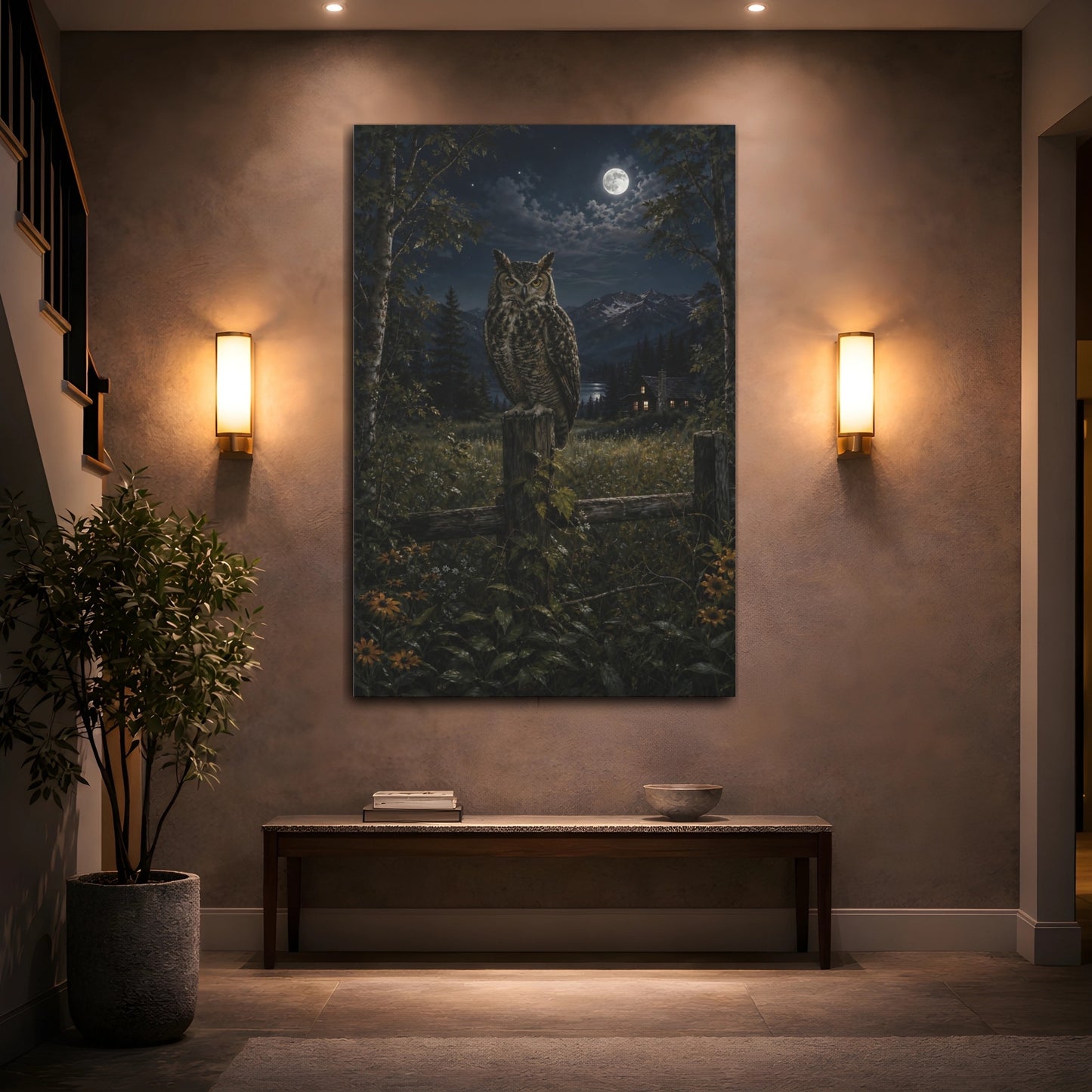 Mockup 2. Nature Owl Nocturnal Owl Scene shown as stretched canvas wall art